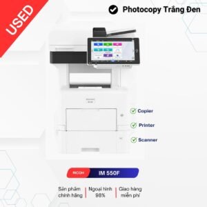 Máy photocopy Ricoh IM 550F · Tốc độ: 55 trang/phút · Thời gian khởi động: 30 giây. · Thời gian in bản đầu tiên: 7 giây · Kích thước: 480 x 539 x 644 (mm)